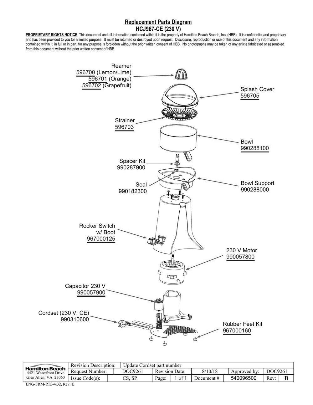 Diagram Diagram and Parts List for HCJ967R-CE  Hamilton Beach Juicer